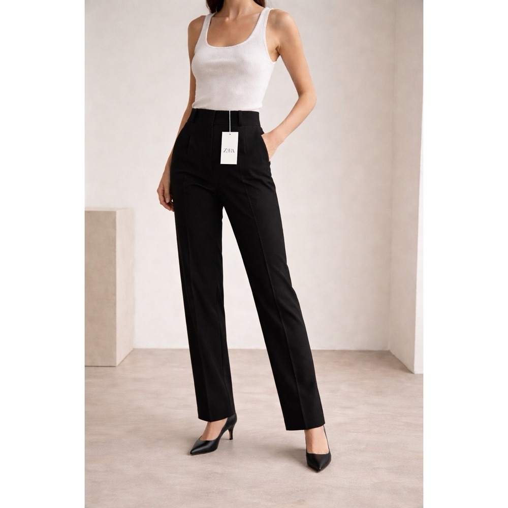 Zara High Waist Tailored Trousers L Black Slim Straight Dress Pants NWT Stretch